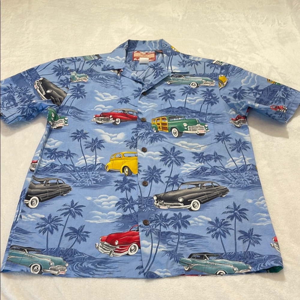 RJC SIZE S Blue Hawaiian Shirt with Car Print
